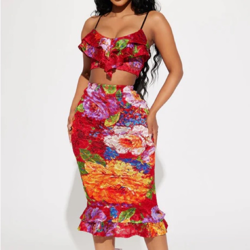 Vibrant Red and Orange Ruffled Midi Skirt Set 2pc